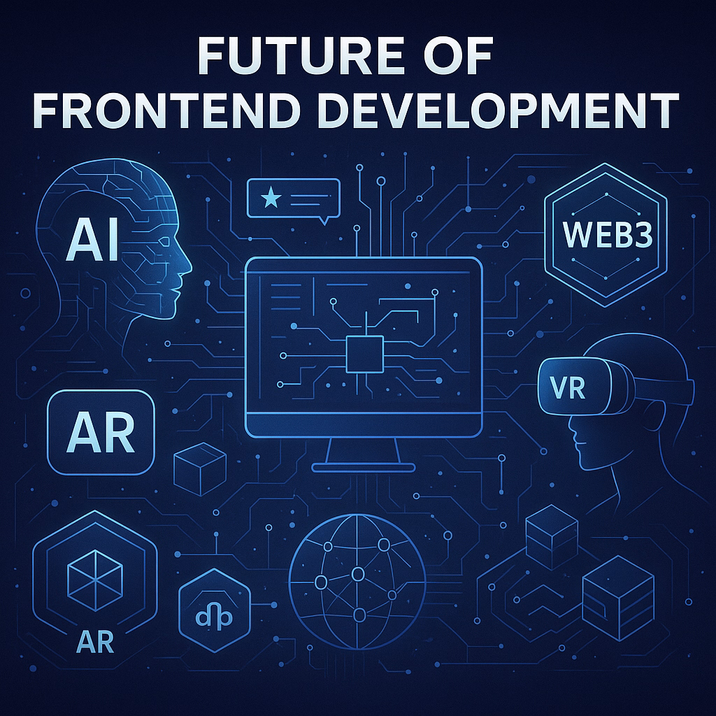 A futuristic digital illustration of interconnected AI, Web3, AR, and VR technologies in frontend development.